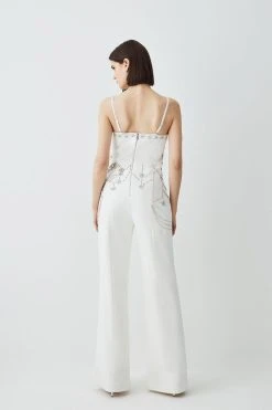 Karen Millen Crystal Embellished Woven Jumpsuit -Karen Millen shop ivory crystal embellished woven jumpsuit 1 2