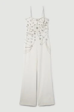 Karen Millen Crystal Embellished Woven Jumpsuit -Karen Millen shop ivory crystal embellished woven jumpsuit 1 4