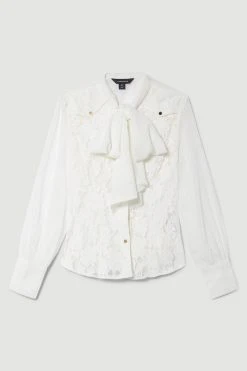 Karen Millen Lace Pussy Bow Contrast Sleeve Button Through Blouse