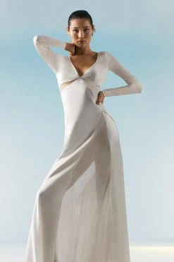 Karen Millen OOTO LONDON Sheer Panneled Long Sleeve Woven Maxi Dress -Karen Millen shop ivory ooto london sheer panneled long sleeve woven maxi dress 3