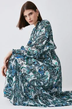 Karen Millen Paisley Shirred Detail Woven Maxi Dress -Karen Millen shop ivory paisley shirred detail woven maxi dress 3