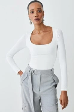Karen Millen Slinky Square Neck Jersey Bodysuit -Karen Millen shop ivory slinky square neck jersey bodysuit 3
