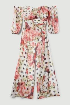 Karen Millen Spot Floral Chiffon Bardot Wide Leg Jumpsuit -Karen Millen shop ivory spot floral chiffon bardot wide leg jumpsuit 1 2