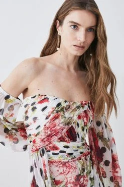 Karen Millen Spot Floral Chiffon Bardot Wide Leg Jumpsuit -Karen Millen shop ivory spot floral chiffon bardot wide leg jumpsuit 1 4