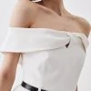 Karen Millen Structured Crepe Bardot Belted Wide Leg Jumpsuit -Karen Millen shop ivory structured crepe bardot belted wide leg jumpsuit