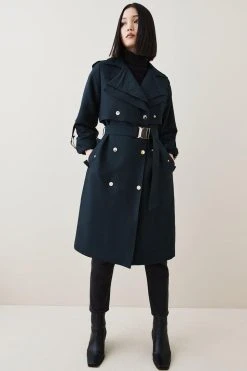 Karen Millen Cotton Sateen Layered Trench Coat -Karen Millen shop khaki cotton sateen layered trench coat 1 1