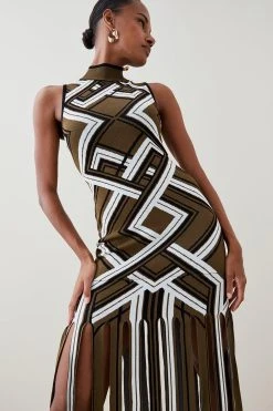 Karen Millen Sliced Hem Placement Stripe Knit Jacquard Maxi Dress -Karen Millen shop khaki sliced hem placement stripe knit jacquard maxi dress 3