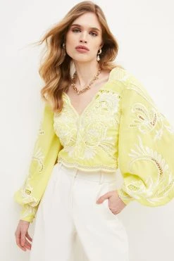 Karen Millen Cutwork Beaded Drama Sleeve Woven Top -Karen Millen shop lime cutwork beaded drama sleeve woven top 2