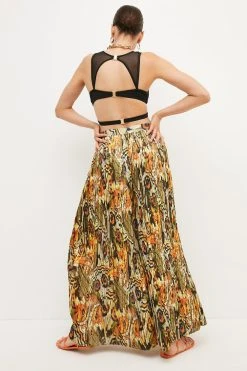 Karen Millen Feather Printed Pleated Drama Trouser -Karen Millen shop lime feather printed pleated drama trouser 2