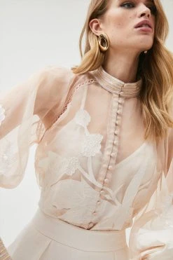 Karen Millen Floral Applique Organdie Button Woven Blouse -Karen Millen shop lime floral applique organdie button woven blouse 2