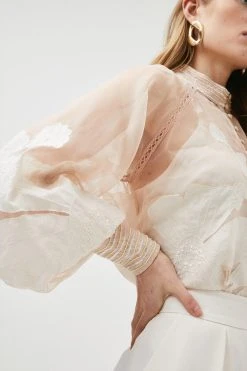 Karen Millen Floral Applique Organdie Button Woven Blouse