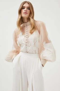 Karen Millen Floral Applique Organdie Button Woven Blouse -Karen Millen shop lime floral applique organdie button woven blouse 3