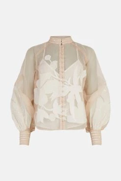 Karen Millen Floral Applique Organdie Button Woven Blouse -Karen Millen shop lime floral applique organdie button woven blouse 4