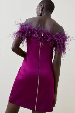 Karen Millen Italian Structured Satin Feather Bardot Mini Dress -Karen Millen shop magenta italian structured satin feather bardot mini dress 1