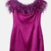 Karen Millen Italian Structured Satin Feather Bardot Mini Dress -Karen Millen shop magenta italian structured satin feather bardot mini dress