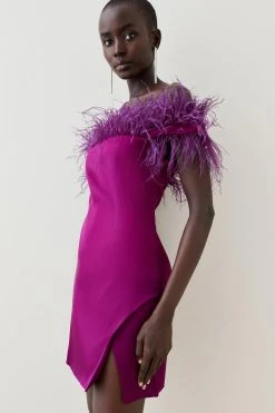 Karen Millen Italian Structured Satin Feather Bardot Mini Dress -Karen Millen shop magenta italian structured satin feather bardot mini dress 2