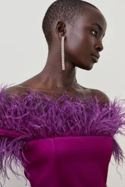 Karen Millen Italian Structured Satin Feather Bardot Mini Dress -Karen Millen shop magenta italian structured satin feather bardot mini dress 3