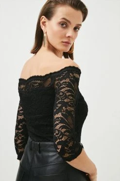 Karen Millen Lace Bardot Half Sleeve Jersey Bodysuit -Karen Millen shop merlot lace bardot half sleeve jersey bodysuit 2