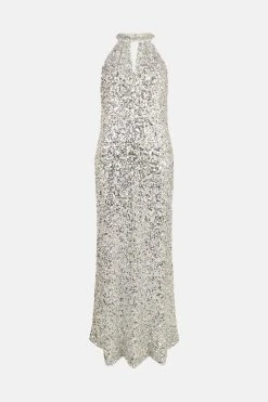Karen Millen Sequin Halter Maxi 8 Karen Millen Sequin Halter Maxi -Karen Millen shop metallic silver sequin halter maxi 2