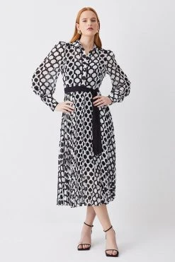 Karen Millen Mono Geo Pleat Detail Belted Woven Maxi Dress