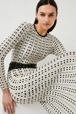 Karen Millen Sheer Knit Polka Dot Stud Detail Jacquard Maxi Dress -Karen Millen shop mono sheer knit polka dot stud detail jacquard maxi dress 3
