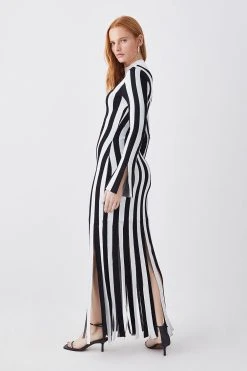 Karen Millen Stripe Shredded Hem Jacquard Maxi Column Dress -Karen Millen shop mono stripe shredded hem jacquard maxi column dress 3