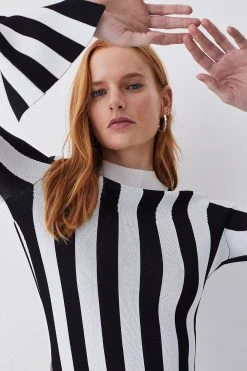 Karen Millen Stripe Shredded Hem Jacquard Maxi Column Dress -Karen Millen shop mono stripe shredded hem jacquard maxi column dress 4