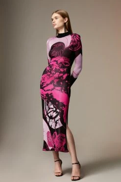 Karen Millen British Museum Slinky Knit Star Mapped Jacquard Midaxi Dress -Karen Millen shop multi british museum slinky knit star mapped jacquard midaxi dress 4