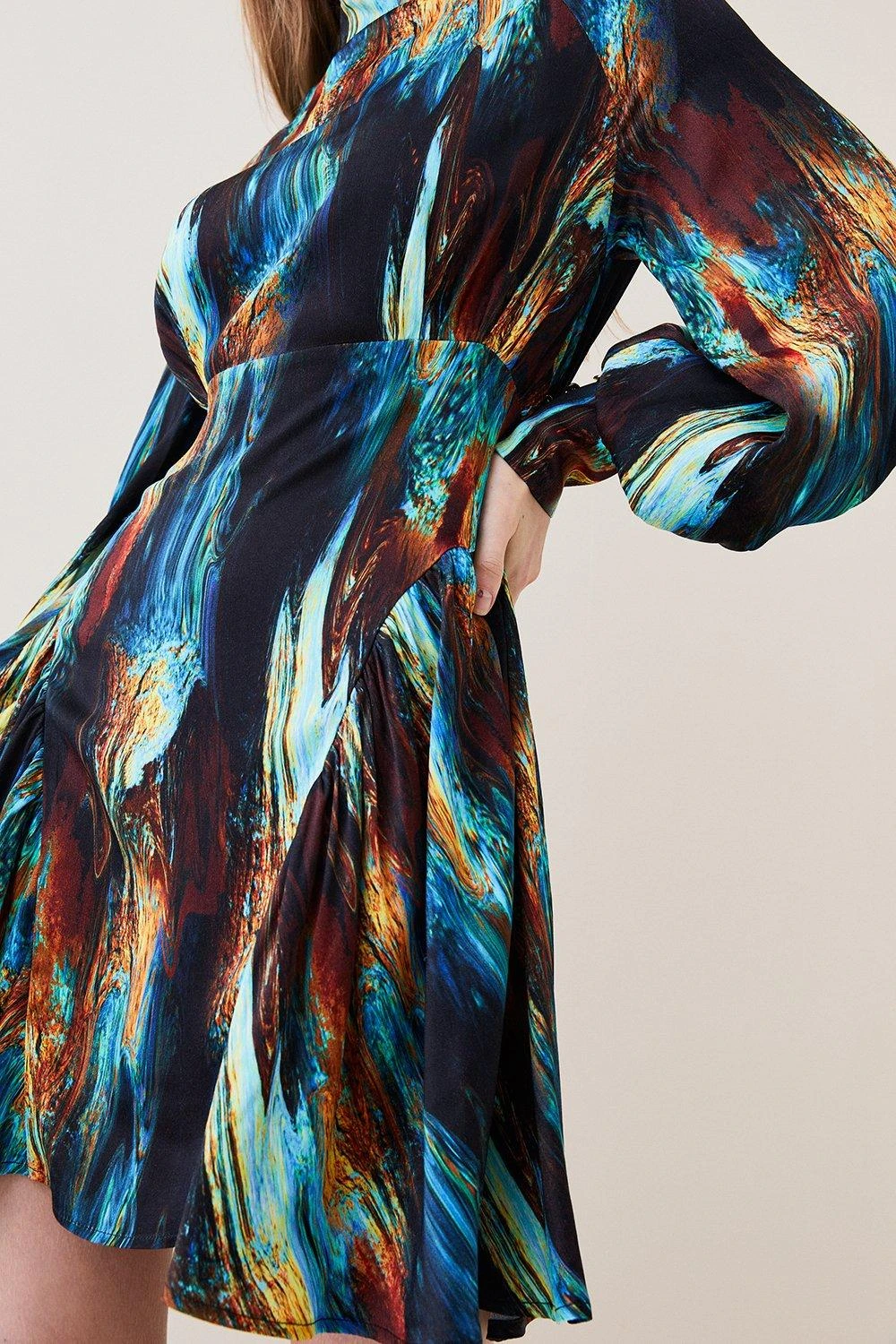 Karen Millen Marble Viscose Satin Balloon Sleeve Dress 3 Karen Millen Marble Viscose Satin Balloon Sleeve Dress - Image 2