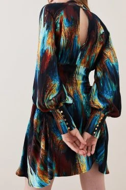 Karen Millen Marble Viscose Satin Balloon Sleeve Dress 10 Karen Millen Marble Viscose Satin Balloon Sleeve Dress -Karen Millen shop multi marble viscose satin balloon sleeve dress 4
