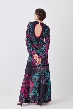 Karen Millen Mirror Floral Keyhole Back Jacquard Knit Maxi Dress -Karen Millen shop multi mirror floral keyhole back jacquard knit maxi dress 1
