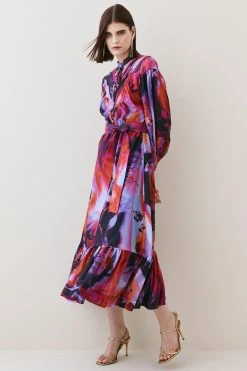 Karen Millen Silk Cotton Marble Pin Tuck Woven Maxi Dress