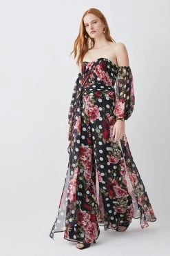 Karen Millen Spot Floral Chiffon Bardot Wide Leg Jumpsuit