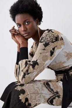 Karen Millen Belted Slinky Sparkle Knit Jacquard Dress -Karen Millen shop natural belted slinky sparkle knit jacquard dress 2