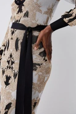 Karen Millen Belted Slinky Sparkle Knit Jacquard Dress -Karen Millen shop natural belted slinky sparkle knit jacquard dress 3