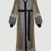 Karen Millen Slinky Jacquard Blouson Long Sleeve Knitted Maxi Dress -Karen Millen shop natural slinky jacquard blouson long sleeve knitted maxi dress