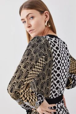 Karen Millen Slinky Jacquard Blouson Long Sleeve Knitted Maxi Dress -Karen Millen shop natural slinky jacquard blouson long sleeve knitted maxi dress 2