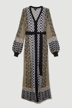 Karen Millen Slinky Jacquard Blouson Long Sleeve Knitted Maxi Dress
