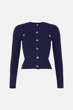 Karen Millen Cable Knit Military Cardigan -Karen Millen shop navy cable knit military cardigan 1