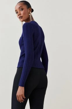 Karen Millen Cable Knit Military Cardigan -Karen Millen shop navy cable knit military cardigan 3