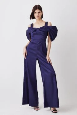 Karen Millen Italian Structed Satin Bandeau Wide Leg Jumpsuit -Karen Millen shop navy italian structed satin bandeau wide leg jumpsuit 3