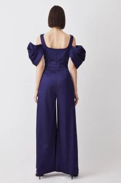 Karen Millen Italian Structed Satin Bandeau Wide Leg Jumpsuit -Karen Millen shop navy italian structed satin bandeau wide leg jumpsuit 4