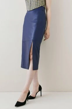 Karen Millen Leather Panel Waist Detail Midi Pencil Skirt -Karen Millen shop navy leather panel waist detail midi pencil skirt 1