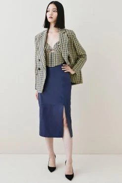 Karen Millen Leather Panel Waist Detail Midi Pencil Skirt -Karen Millen shop navy leather panel waist detail midi pencil skirt 3