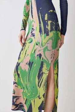 Karen Millen Slinky Jacquard Long Sleeve Knitted Maxi Dress -Karen Millen shop navy slinky jacquard long sleeve knitted maxi dress 2