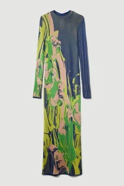 Karen Millen Slinky Jacquard Long Sleeve Knitted Maxi Dress -Karen Millen shop navy slinky jacquard long sleeve knitted maxi dress 3