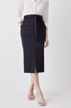 Karen Millen Wool Blend Pocket Detail Midi Skirt -Karen Millen shop navy wool blend pocket detail midi skirt 4