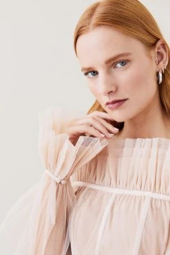 Karen Millen Lydia Millen Corset Detail Tulle Woven Bardot Top -Karen Millen shop neutral lydia millen corset detail tulle woven bardot top 2