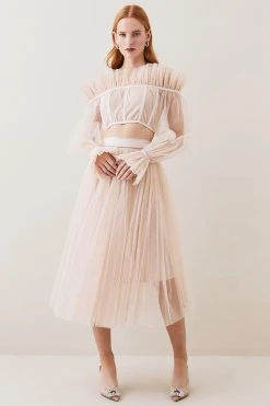 Karen Millen Lydia Millen Corset Detail Tulle Woven Bardot Top -Karen Millen shop neutral lydia millen corset detail tulle woven bardot top 3