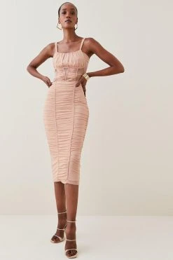 Karen Millen Corset Detail Ruched Mesh Jersey Midi Skirt -Karen Millen shop nude corset detail ruched mesh jersey midi skirt 2